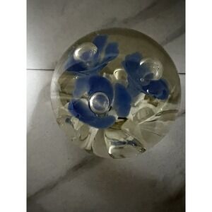 Vintage St Clair Crystal Italian Art Glass Paperweight Blue Trumpet Flowers 2.5"